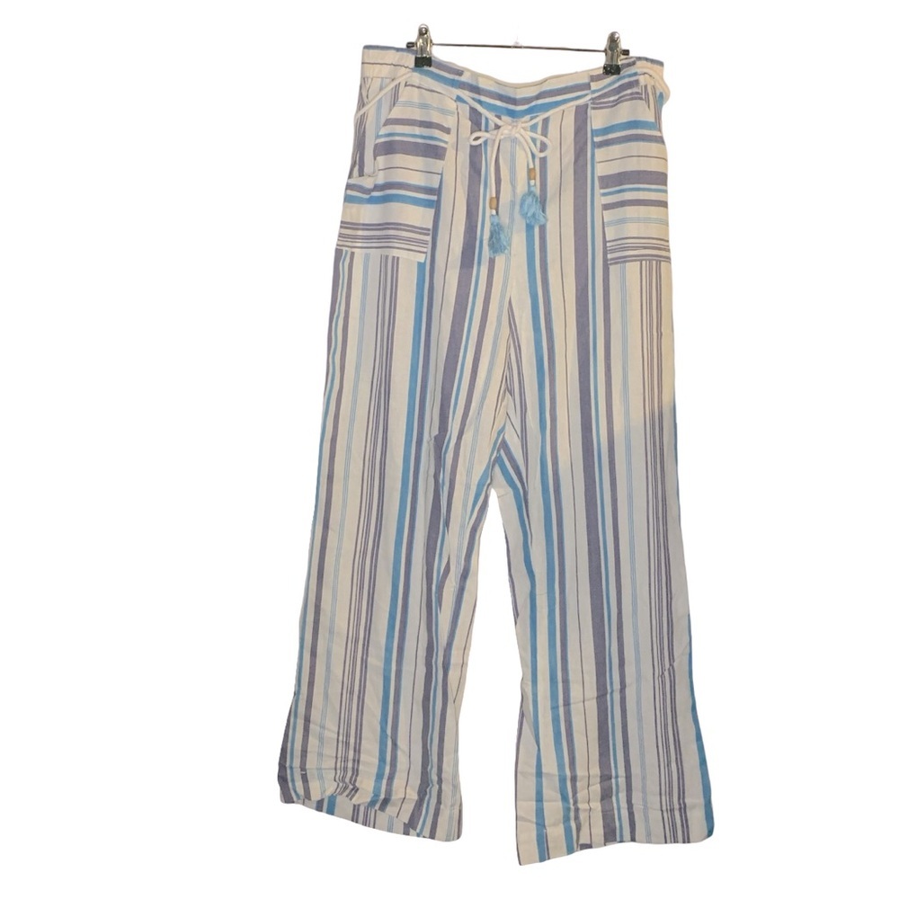 Beau Dawson White and Blue Striped Linen Blend Pants
